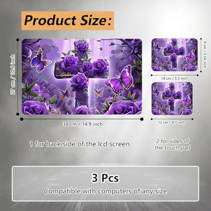 12.1”-15.6” Laptop Skin Sticker (Fits 13”, 13.3”, 14”, 15”, 15.4”) | Reusable Universal Protective Vinyl Art Decal Cover | Waterproof & Scratch-Resistant |Cross with Purple Rose Butterflies - color: Cross with Purple Rose Butterflies