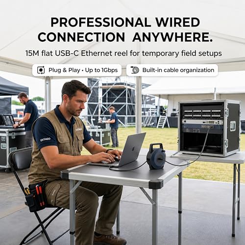 USB-C (Type-C) to Ethernet Cable Reel, 50Ft (15M) CAT6 Tough-Flat™, Up to 1 Gbps, Plug & Play, Truck-Pass Safe, Retractable Cable for Temporary Setups