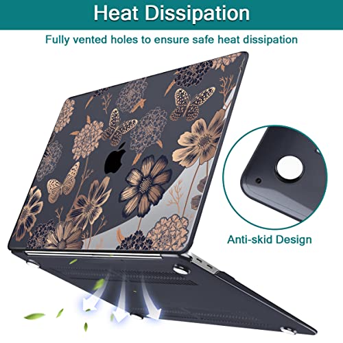 Teryeefi for MacBook Air 13 inch Case 2021 2020 2019 2018 Release (Model A2337 A2179 A1932 Retina Display with Touch ID), Plastic Hard Shell Case & Keyboard Cover for MacBook Air 13 M1, Gold Flowers - color: Gold Flowers