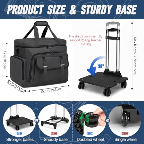 RUCYEN Rolling Teacher Tote Bag for Women Men,Large Tote Bag With Detachable Wheels Trolley,15.6 Inch Laptop Wheeled Teacher Bag for Work Office - color: Black