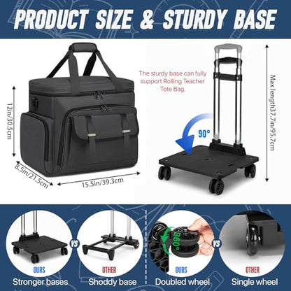 RUCYEN Rolling Teacher Tote Bag for Women Men,Large Tote Bag With Detachable Wheels Trolley,15.6 Inch Laptop Wheeled Teacher Bag for Work Office - color: Black