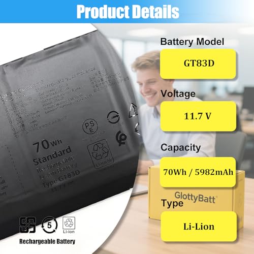 GT83D Battery Replacement for Dell XPS 14 9440 Series Laptop Battery 7T7DY N80X2 70Wh