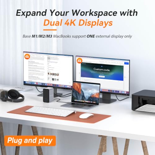 TobenONE 15-in-2 MacBook Pro Docking Station, Dual 4K Monitor, Plug & Play | 2 HDMI, VGA, PD 3.0, 7 USB, Ethernet, 3.5mm Audio, MacBook Compatible, Compact, for Home Office & Professional Productivity
