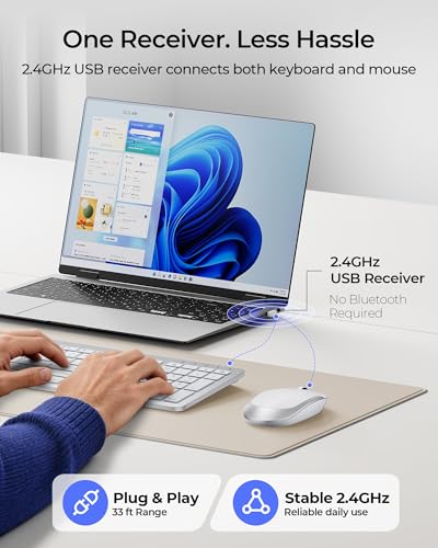 seenda Rechargeable Wireless Keyboard and Mouse Combo, Silver and White | Quiet, slim full-size keyboard with numpad, 2.4GHz USB receiver, USB-C charging, 3-level DPI mouse for Windows PCs/laptops - color: White and Silver