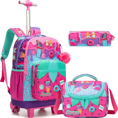Girls Rolling Backpack with Lunch Box School Backpacks with Wheels 16.5" Roller Backpack for Girls, 3pcs Kids Wheeled Bookbag for Elementary School - color: Pink Strawberry