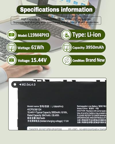 61Wh L19M4PH3 L19C4PH3 L19D4PH3 Battery for Ideapad Yoga Slim 7 Pro-14ARH5 Pro-14ITL5 Pro-14IHU5 Pro-14ACH5 Pro-14IAP7 Series – Parts Number SB10Z49515 SB10Z49516 SB10Z49517-15.44V 4-Cell - size: 11.42*3.46*0.20 IN L19C4PH3