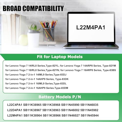 L22C4PA1 L22M4PA1 Laptop Battery Replacement for Lenovo Yoga 7 14IRL8 14ARP8 16IRL8 16ARP8 Yoga 7 2-in-1 14IML9 14AHP9 16IML9 16AHP9 Series SB11K38964 SB11K38965 SB11K38967 L22D4PA1 71Wh - size: 11.12*3.73*0.07inch L22M4PA1