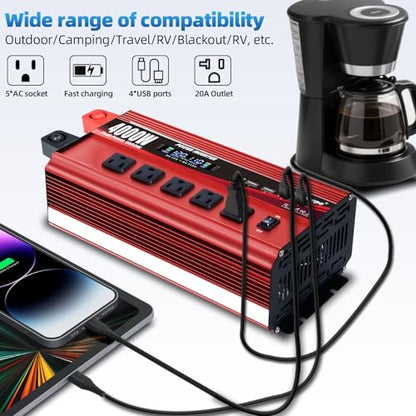 Cantonape 4000W Power Inverter 12V to 110V/120V DC to AC with LCD Display, Remote Controller 5 x AC Outlets and 4 x 3.1A USB Car Adapter for Car Truck Boat RV Solar System - size: 4000W-12V