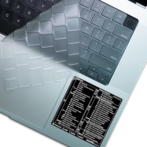 Ultra-Thin Keyboard Cover (US ANSI) + Mac OS Shortcuts Sticker for M2 M3 MacBook Air 13" & 15" and M1–M4 MacBook Pro 14" & 16" – Clear Cover & Solid Black Sticker