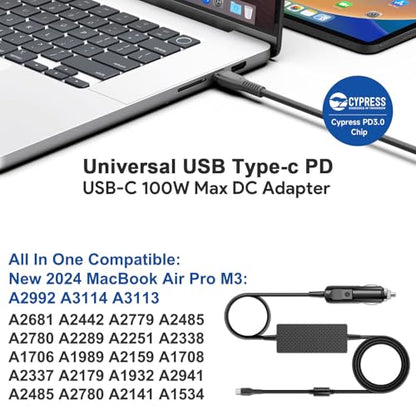Laptop Car Charger USB C PD 100W 95W 90W 65W 45W DC Adapter for Lenovo Thinkpad/Yoga/IdeaPad,Dell Latitude/XPS,LG Gram,MacBook Pro/Air,HP Spectre/Elitebook,Surface,Acer,Asus,MSI,Chromebook Charger