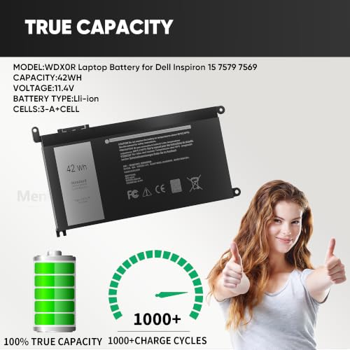 42wh WDXOR Laptop Battery for Dell Inspiron 13 15 5000 7000 Series 15 5565 5567 5568 5578 5579 7560 7570 13 7368 7378 5378 17 5765 5767 5770 P58F P66F, Latitude 3189 3390 & more WDXOR P69G 3CRH3 - size: 8 x 4.5 x 0.25 inches WDX0R BATTERY