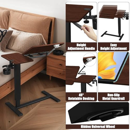Adjustable Overbed Bedside Table with Wheels, Rotatable Desktop Height-Adjustable Bed Table with Wheels, Rolling Tray Desk for Couch Laptop & Hospital Use, Adjustable Tray Table (Rotatable-Wood Color)