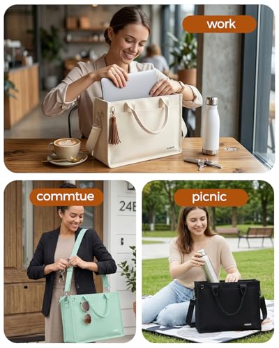 Canvas Tote Bag for Women With Zipper,14" Laptop Tote Bag for Work | Water Bottle Pocket,Padded Laptop Sleeve,Inner Key Leash,Premium Metal Hardware,Structured Canvas - color: Graphite Black