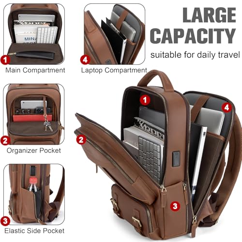 Tzowla Leather Laptop Backpack, Bag for Men and Women,Business Travel Work Rucksack Fits 15.6 Inch Laptop, Vintage Bookbag - color: Leather-brown, size: 15.6inch