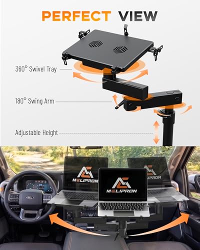 MELIPRON Truck Laptop Mount for Cars, Vans, Vehicles, No-Drill Computer Stand with Adjustable Height, Full Motion Swivel, Heavy-Duty Laptop Holder for Mobile Work