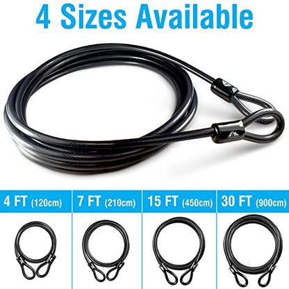 Security Steel Cable - 3/8 inch (10 mm) Thick (4', 7', 15', 20' or 30') Vinyl Coated Braided Steel Cable with Double Sealed Looped Ends for U-Lock, Padlock, Disc Lock (7 FT) - color: 7 FT