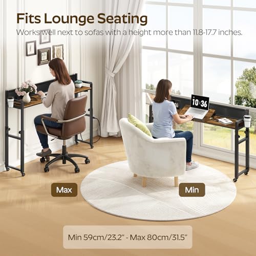 Overbed Table with Wheels, Height Adjustable, Recliner Table with Charging Station and Laptop Stand, Rolling Table with Storage and Cup Holder, Side Table for Living Room, Bed Room, Rustic Brown