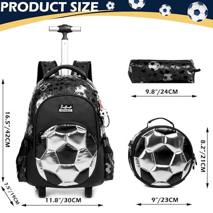 Meetbelify Rolling Backpack with Wheels for Boys Roller Backpacks with Lunch Box Pencil Case for Elementary Students Kids Football Luggage Travel Suitcase for Boys 6-8 - color: 02 Silver