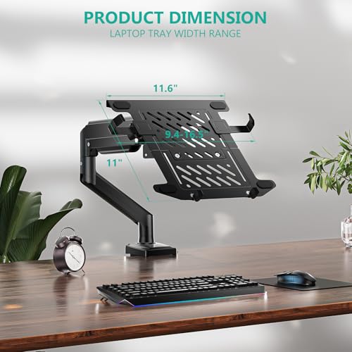 WALI Laptop Desk Mount, Single Monitor Arm with Laptop Holder, Adjustable Height Laptop Arm Mount for Desk, Fits 17” Notebook and 34” Monitors, Up to 22-26.4Lbs (GSMP001LPN), Black - size: Width 16.5", Fully Adjustable Desk Mount