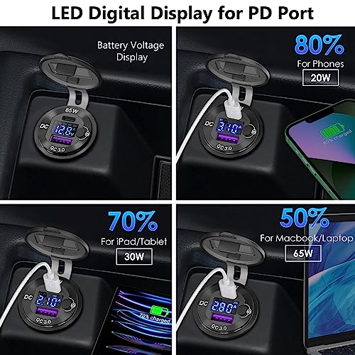 83W 12V USB Power Outlet, Qidoe Aluminum 65W PD Laptop Charger Socket and 18W QC3.0 Car USB Port with Digital Voltmeter Button Switch Smart Boosting 12V Outlet for Car RV Marine Boat Moto