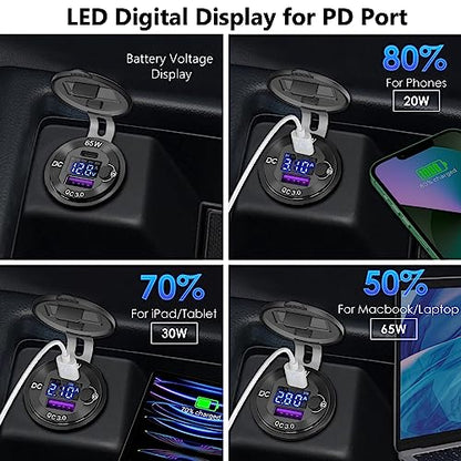 83W 12V USB Power Outlet, Qidoe Aluminum 65W PD Laptop Charger Socket and 18W QC3.0 Car USB Port with Digital Voltmeter Button Switch Smart Boosting 12V Outlet for Car RV Marine Boat Moto