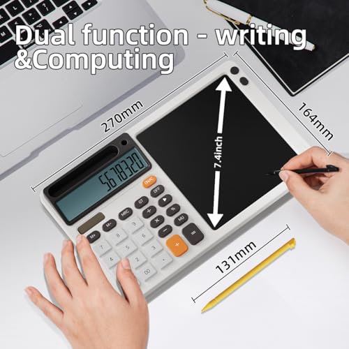 Solar Desk Calculator with 7.5 inc LCD Writing Membrane, 15° Tilt for Easy Reading, Integrated Phone Stand, Voice & Silent Modes, Anti-Slip Pads for Stability, Ideal for Office & Study Use
