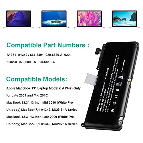 Fancy Buying A1331 13" A1342 (Late 2009 Mid 2010) Laptop Battery for Apple MacBook Unibody fits 661-5391 020-6582-A MC233LL/A MC207LL/A MC516LL/A - size: 8.84*2.94*1.2inch A1331