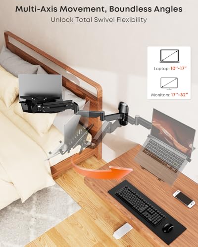 PUTORSEN Extra Long 2-in-1 Laptop Wall Mount with Detachable Tray - 30.28'' Long Gas Spring Adjustable Arm for 12''-17'' Laptops & 13''-32'' Monitors, Hold up to 19.8lbs, Black