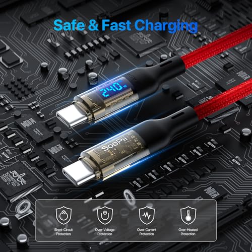 SOOPII USB C to USB C Cable [240W 4ft],Fast Charging USB C Cable with LED Display for MacBook Pro,lPhone16/15/15Pro/15ProMax,Galaxy S23+/S23 Ultra/S22 Ultra,etc.,Transparent Shell(Red) - color: Red, size: 4FT