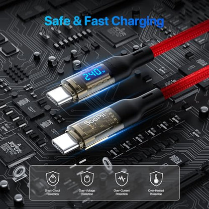 SOOPII USB C to USB C Cable [240W 6.6ft],Fast Charging USB C Cable with LED Display for MacBook Pro,lPhone16/15/15Pro/15ProMax,Galaxy S23+/S23 Ultra/S22 Ultra,etc.,Transparent Shell(Red) - color: Red, size: 6.6FT