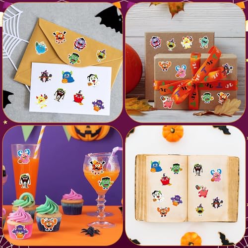 Haooryx Halloween Monster Sticker Rolls - 1000Pcs Ghost Pumpkin Frankenstein Monster Stickers Waterproof Vinyl Self-Adhesive Water Bottle Page Activity Pad Halloween Junk Journal Scrapbooking Supplies - style: Halloween Monster 2Roll