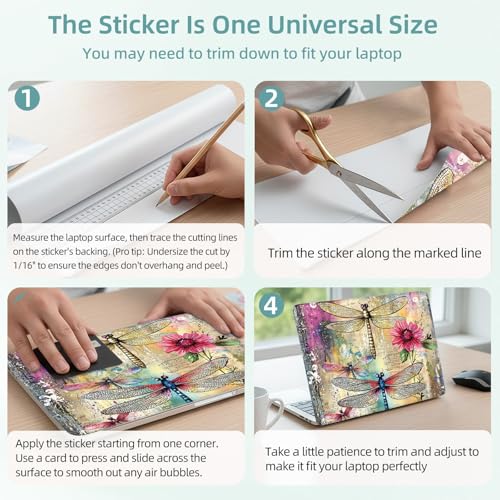 Universal Laptop Skin Decal, 3-Piece Vinyl Protector for 12 13 14 15.6" Notebook, Waterproof Anti-Scratch, Easy Trim & Bubble-Free Finish, Dragonflies and Flowers - color: Dragonflies and Flowers