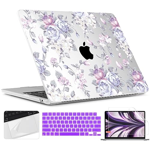 TWOLSKOO for MacBook Air 13 inch Case M5 2026 M4 2025 M3 M2 2024-2022 A3449 A3240 A3113 A2681, Plastic Hard Shell & Keyboard Cover & Screen Film for MacBook Air 13.6 inch Case, Purple Peony - color: Purple Peony