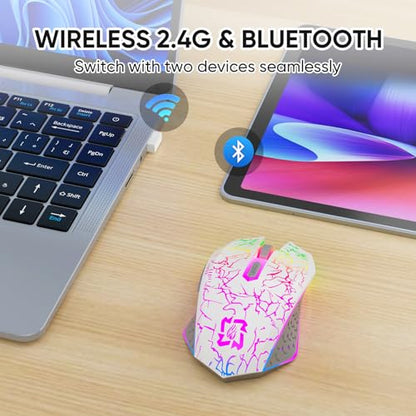 MELOGAGA Wireless Bluetooth Gaming Mouse, RGB Rechargeable, Silent, White | Dual-Mode Bluetooth & 2.4G, Rechargeable Battery, RGB Lighting, Silent Click, 3 DPI Levels for PC Laptop Desktop Mac - color: White