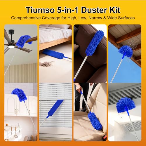 Tiumso Ceiling Fan Cleaner Dusters for Cleaning 6-in-1 Kit, Cobweb Duster with Extension Pole, 100 Inches High Ceiling Fan Blade Cleaners with 5 Reuseable Dusting Heads for Windows and Blinds- Blue - color: Light Blue