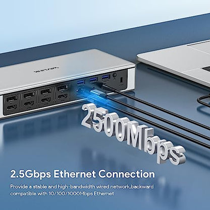 WAVLINK DisplayLink Laptop Docking Station Quad Monitor 4K@60Hz for MacBook | 100W PD Charging for Laptop with Thunderbolt 5/4/3, USB-C/A - M1-M5 Mac/Neo/Windows- 4 HDMI, 4 DP, SD 4.0, 2.5Gbps LAN - color: Silver