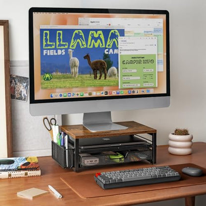 Monitor Riser with Drawers and Pen Holders | Wood & Mesh Metal Computer Monitor Stand with Storage for Desk, Rustic Brown