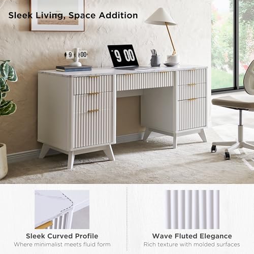 T4TREAM Fluted Executive Desk with Drawers, 60" Modern Home Office Computer Desk with Charging Station, File Cabinet, Keyboard Tray and Storage Cabinet for Study, Living Room, Bedroom, Solid White - color: Solid White