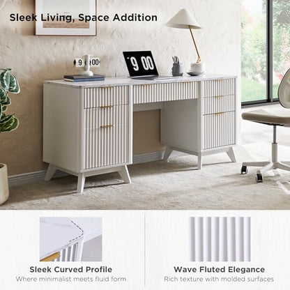 T4TREAM Fluted Executive Desk with Drawers, 60" Modern Home Office Computer Desk with Charging Station, File Cabinet, Keyboard Tray and Storage Cabinet for Study, Living Room, Bedroom, Solid White - color: Solid White