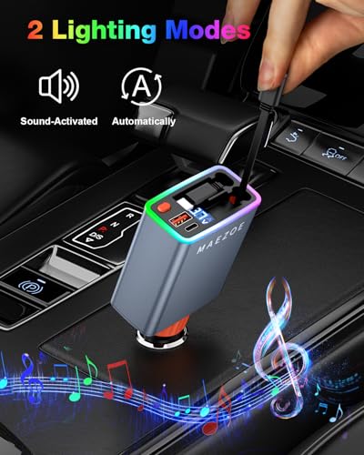 Retractable Car Charger with 𝑺𝒐𝒖𝒏𝒅-𝑨𝒄𝒕𝒊𝒗𝒂𝒕𝒆𝒅 𝑳𝒊𝒈𝒉𝒕, 120W USB C Car Charger Adapter Fast Charging, 4-in-1 Retractable Car Phone Charger for iPhone 16/15/14/13/12, Samsung