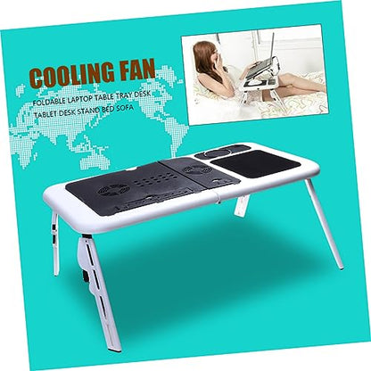 TEHAUX Foldable Laptop Table Tray Desk Quiet Fans Adjustable Height and Angle Non-Slip Legs Mouse Platform USB Cooling for Bed Sofa Couch Black and White Plastic Lap Desk