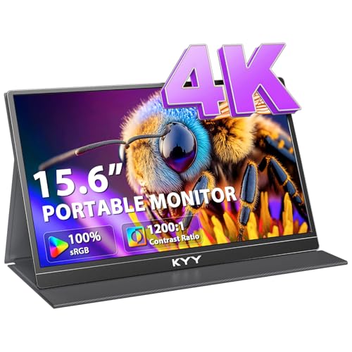 KYY 4K Portable Monitor for Laptop, Travel Monitor w/Smart Cover | 15.6'' Portable Laptop Screen UHD 3840x2160,100% sRGB, 400 Nits, IPS Travel Monitor w/Speakers for Xbox PS5 Switch PC Phone - color: black