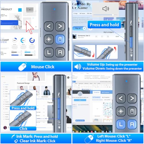 Presentation Clicker with Air Mouse, RF 2.4GHz PowerPoint Clicker for PPT | Rechargeable Wireless Presenter Remote, 2-in-1 USB Type C Presentation Clicker Slide Advancer