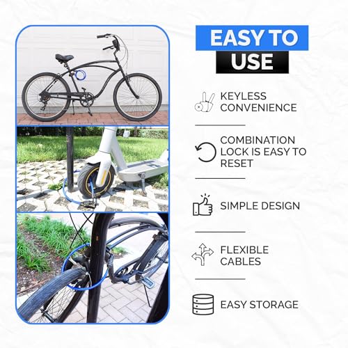 Bike Cable Lock Kit (2' or 4') with Resettable Combination, 4' | Weatherproof, Vinyl Coated, 10mm Security Cable, Mounting Bracket, Portable, Anti-Theft, Keyless, Bikes, Bicycles, Scooters - size: 4ft