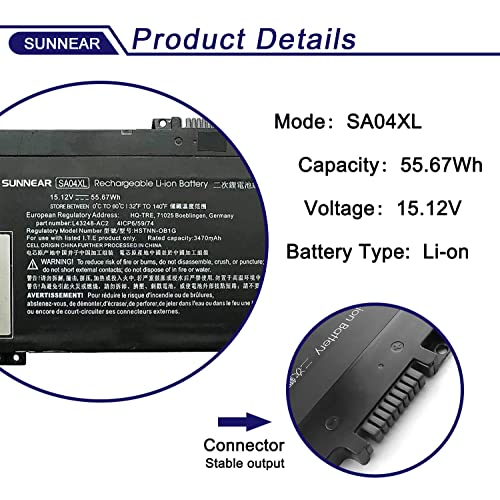 SA04XL L43267-005 n55629-005 Laptop Battery for HP Envy X360 15-dr 15m-ds | 15.12V 55.67Wh; SA04XL battery for Hp Envy X360 15m-ds0011dx 15m-dr0012dx 15t-dr100 15m-dr000 17t-cg100 17-cg100; L43248-ac2 - size: 12.28*5.55*1.3 inches SA04XL