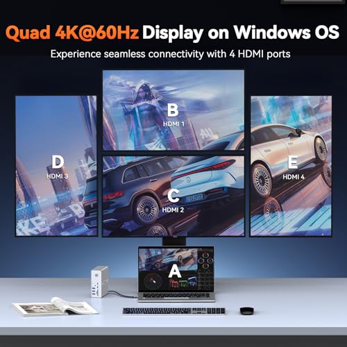 TobenONE 18-in-1 DisplayLink Docking Station 4 Monitor with 4 HDMI | Quad/Triple 4K@60Hz Dock, 120W Power Adapter, 18W Phone Fast Charge, for Windows & MacBook, Ideal for Tech Professionals