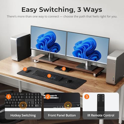 TESmart HDMI KVM Switch 2 Monitors 2 Computers 4K@60Hz, USB 2.0, Dual Monitor KVM Switch HDMI 2 Port Extended Display, EDID emulators, L/R Audio, Hotkey Switch, Button Switch with Input Cables