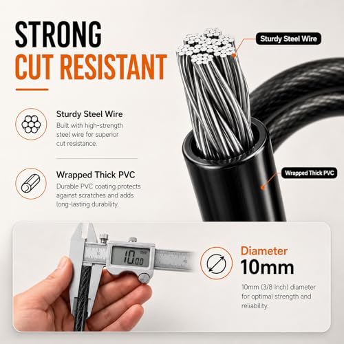 Bike Cable Lock Security Cable with Loops - 3/8 inch (10 mm) Heavy-Duty Locking Cable, Vinyl Coated Steel Cable Bike Chain Security Chain (4ft, 7ft, 15ft) - size: 7FT