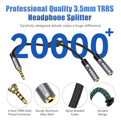 Dual Headphone Splitter with Microphone, 1/8 inch 3.5mm 4-Pole TRRS Male to Dual TRRS Female Audio Mic Y Splitter Cable (1Feet) for Gaming Headsets, Online Chat, Sharing Audio on PC,Laptop,Phone-2Pack - color: 3.5mm TRRS 1 Male to 2 Female Splitter, size: