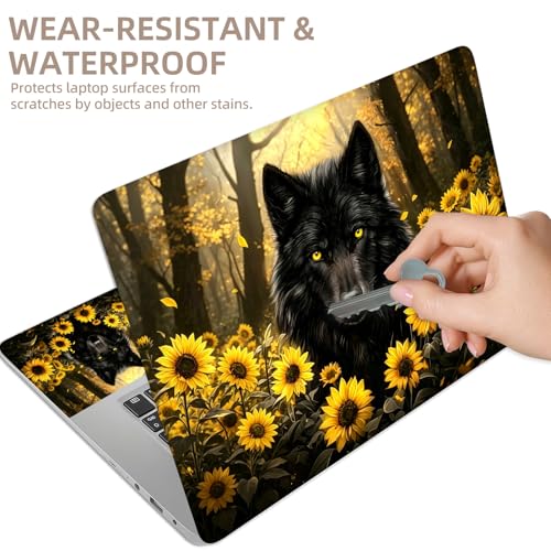 Universal Laptop Skin Sticker for 12/13/14/15.6 Inch Laptops, Reusable Vinyl Laptop Decal Cover, Waterproof Scratch Resistant Notebook Skin with 2 Wrist Pads,Sunflower Wolf - color: Sunflower Wolf